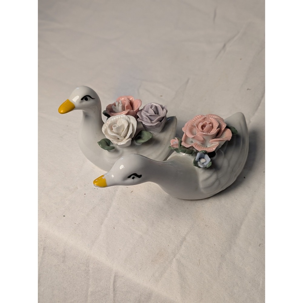 Vintage Porcelain Swan Figurines Lot with Applied Ceramic Rose Cottagecore Decor